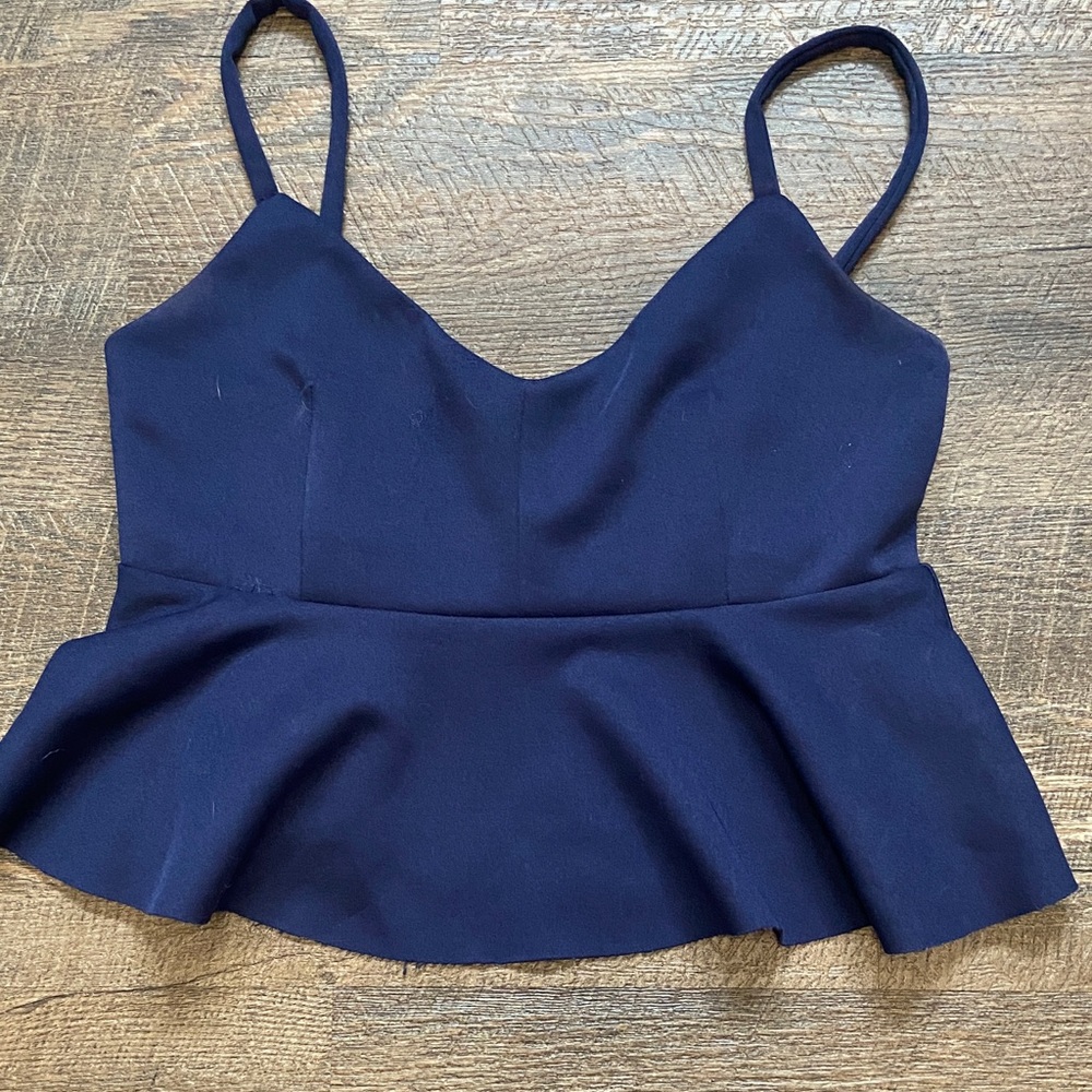 Revamped Navy Peplum Crop Top with Spaghetti Straps